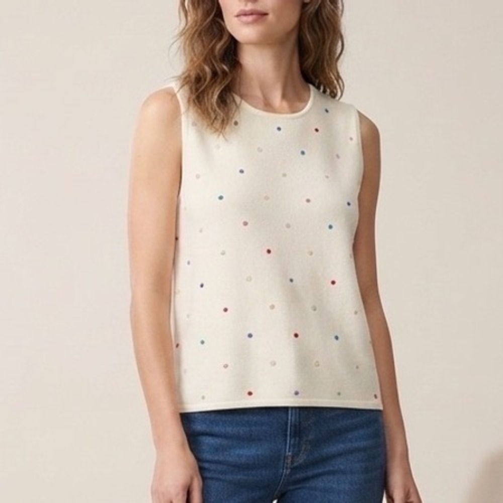 Vintage Eagles Eye Womens‎ M Cream Cotton Knit Sleeveless Sweater Rainbow Polka